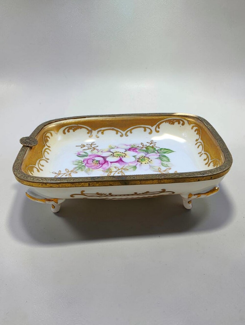 Royal Crown Hand Painted Floral Footed Trinket Vanity Dish Embossed Gold Trim